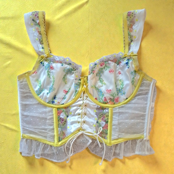 For Love & Lemons Summer Lovin' Bustier Medium Yellow/Ivory Floral Lace
